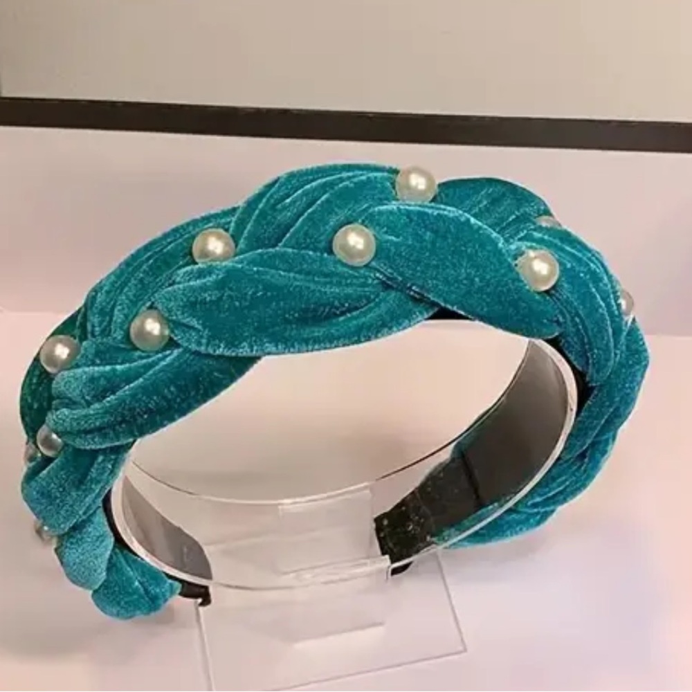 Blue Velour Pearl Accented Headband